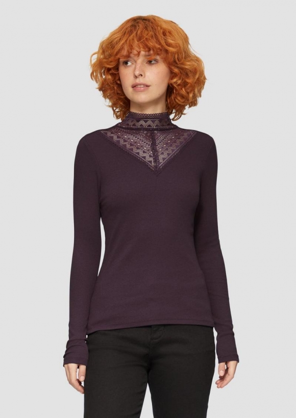 s.Oliver Rippshirt mit Spitzeneinsatz und Stehkragen aus Spitze - aubergine