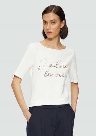 s.Oliver T-Shirt aus Baumwollmix mit Pailletten-Schriftzug - ecru