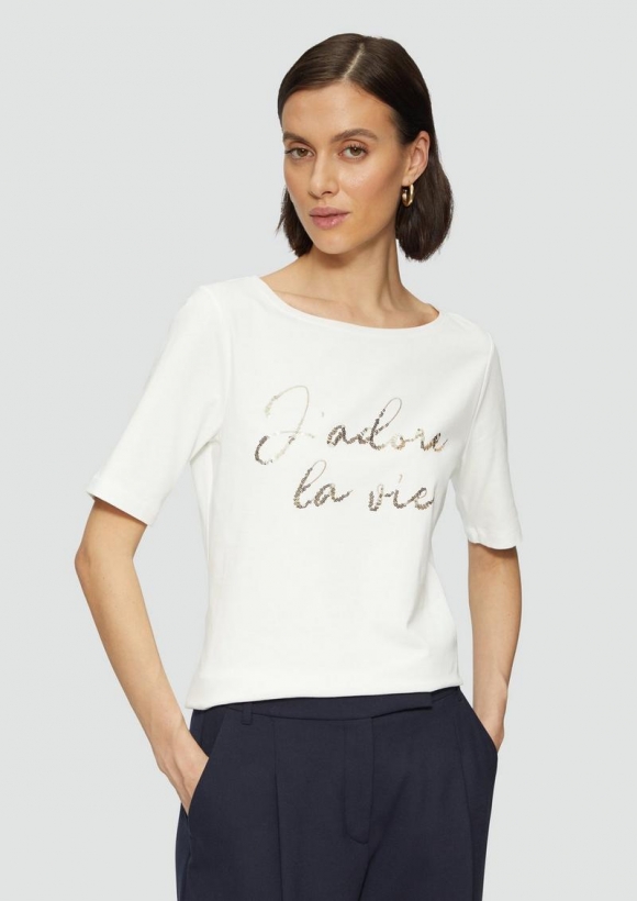 s.Oliver T-Shirt aus Baumwollmix mit Pailletten-Schriftzug - ecru