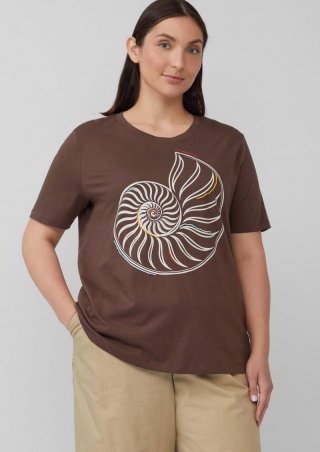 s.Oliver Jersey-T-Shirt mit Frontprint und Schmuckperlen - mokka