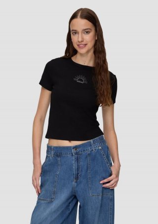 s.Oliver Geripptes T-Shirt im Slim Fit mit Stickerei - schwarz