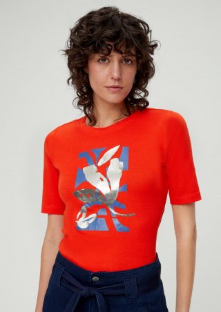 s.Oliver Baumwollshirt mit glänzendem Frontprint - dunkelorange