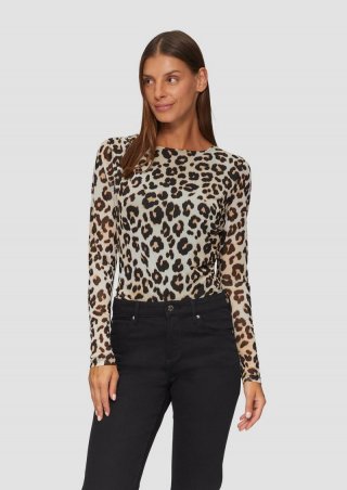 s.Oliver Mesh-Shirt mit asymmetrischer Raffung und Leo-Print - ecru