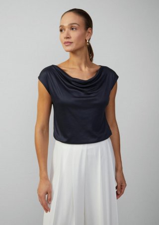 s.Oliver Viskoseshirt aus Interlock-Jersey mit Wasserfall-Ausschnitt - navy