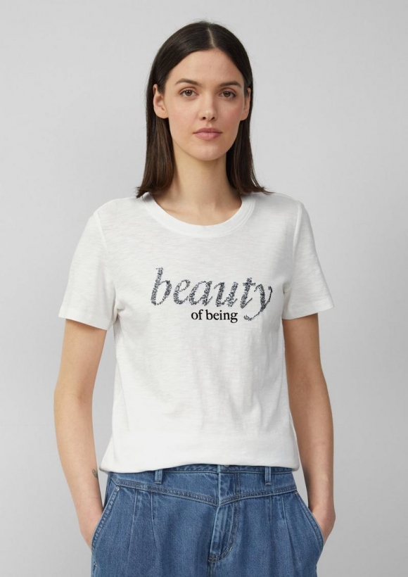 s.Oliver Jersey-T-Shirt mit Schriftprint und Pailletten - creme