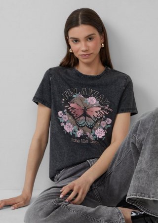 s.Oliver Baumwollshirt mit Frontprint in gewaschener Optik - schwarz