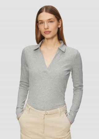 s.Oliver Geripptes Langarmshirt mit Polokragen - grau meliert