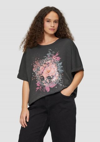 s.Oliver Oversize Shirt in gewaschener Optik mit Metallic-Frontprint - schwarz