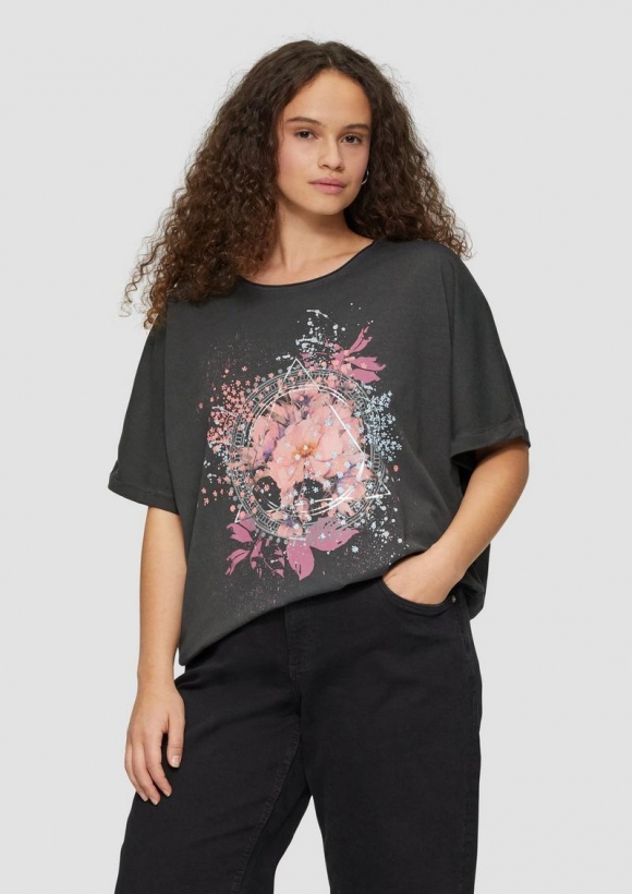 s.Oliver Oversize Shirt in gewaschener Optik mit Metallic-Frontprint - schwarz
