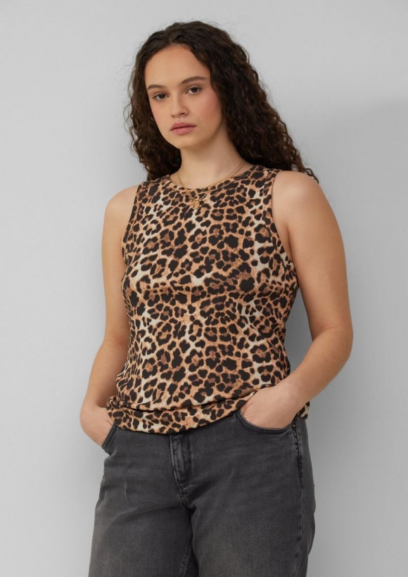 s.Oliver Geripptes Tanktop mit All-over-Print - schwarz