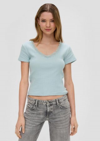 s.Oliver Geripptes T-Shirt mit Spitzen-Details - helles türkis