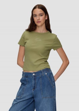 s.Oliver Geripptes T-Shirt im Slim Fit mit Stickerei - olivgrün