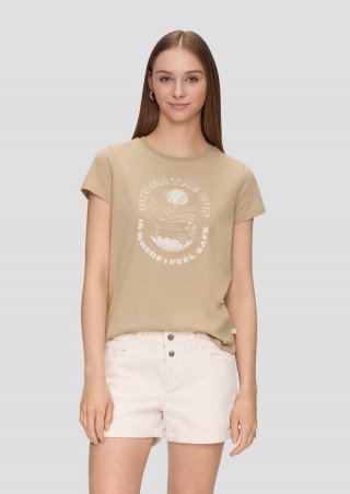 s.Oliver Baumwoll-T-Shirt mit Frontprint und Rippblende - sandfarben