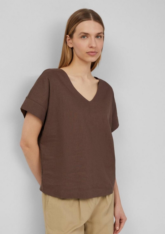 s.Oliver T-Shirt im Fabricmix mit Leinenanteil - mokka