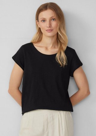 s.Oliver T-Shirt mit Rollkanten und Flammgarnstruktur - schwarz