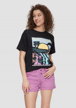 s.Oliver Baumwoll-T-Shirt im Loose Fit mit Artwork-Print - schwarz