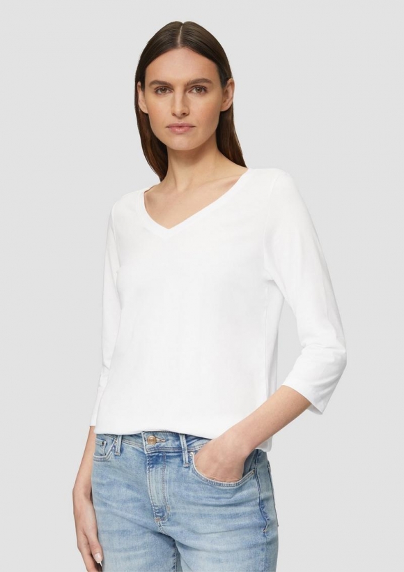 s.Oliver Jerseyshirt mit V-Ausschnitt und 3/4-Ärmeln - weiß