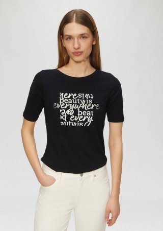 s.Oliver Elastisches T-Shirt mit Frontprint im Slim Fit - schwarz