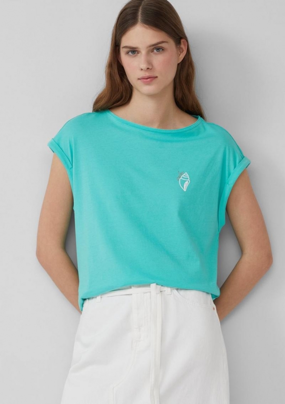 s.Oliver Relaxed-Fit-Shirt mit Print und überschnittenen Schultern - türkis