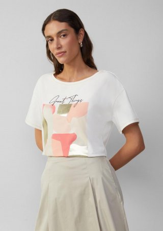 s.Oliver T-Shirt im Loose Fit mit Kontrastnähten und Frontprint - ecru