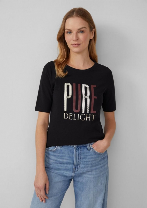 s.Oliver Jersey-T-Shirt im Slim Fit mit Frontprint - schwarz