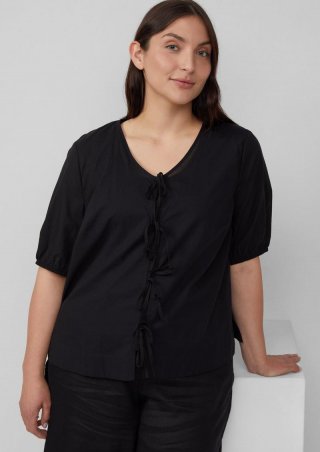 s.Oliver Baumwollbluse mit V-Ausschnitt und Puffärmeln - schwarz