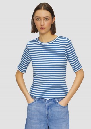 s.Oliver Geripptes T-Shirt mit Ziersaum - royalblau