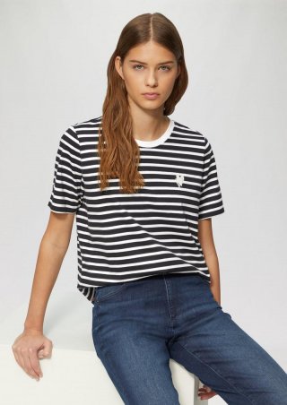 s.Oliver Gestreiftes T-Shirt im Relaxed Fit mit Herz-Stickerei - schwarz