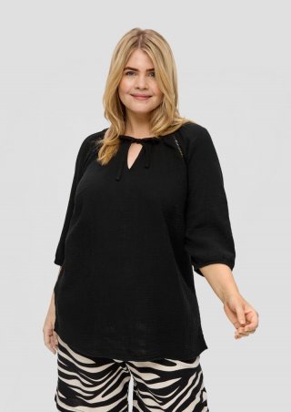 s.Oliver Baumwoll-Bluse mit Raffung und Rundhals-Ausschnitt - schwarz