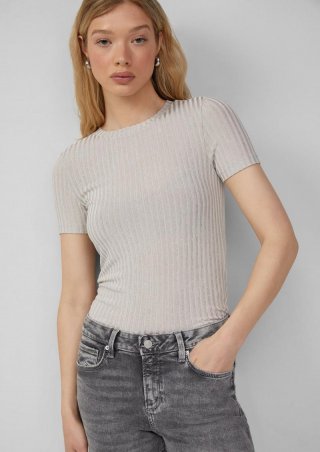 s.Oliver Leicht transparentes Rippshirt im Metallic-Look - hellgrau