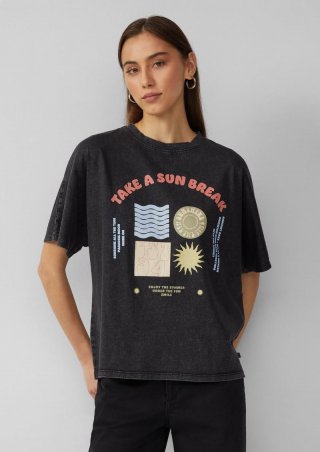 s.Oliver Gewaschenes T-Shirt mit Frontprint - schwarz