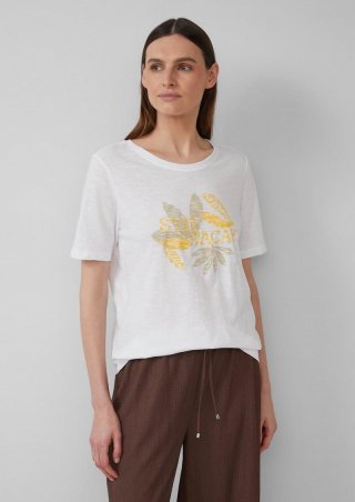s.Oliver Print-T-Shirt mit Flammgarnstruktur im Relaxed Fit - weiß