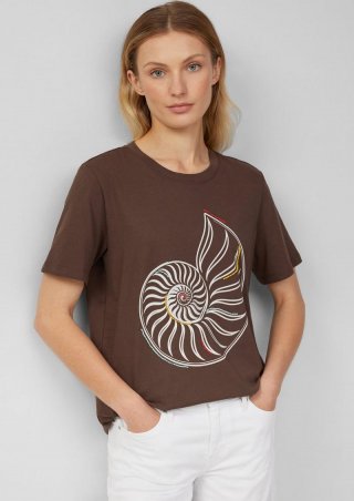 s.Oliver Jersey-T-Shirt mit Frontprint und Schmuckperlen - mokka