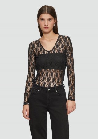 s.Oliver Transparentes Spitzenshirt mit V-Ausschnitt - schwarz