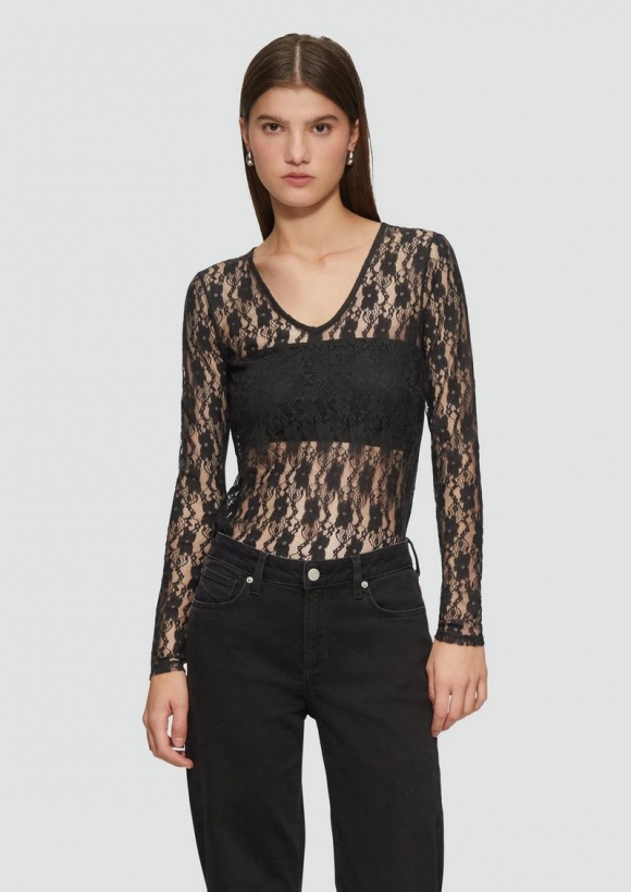s.Oliver Transparentes Spitzenshirt mit V-Ausschnitt - schwarz