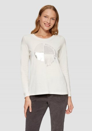 s.Oliver Longsleeve mit Metallic-Print und Schmucksteinen - ecru