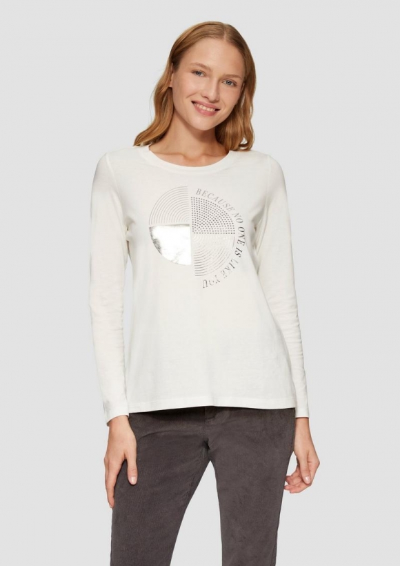 s.Oliver Longsleeve mit Metallic-Print und Schmucksteinen - ecru