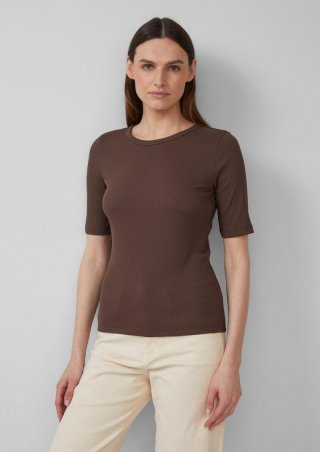 s.Oliver Geripptes T-Shirt im Slim Fit aus Baumwollmix - mokka