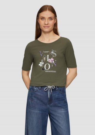 s.Oliver Elastisches T-Shirt mit Frontprint - olivgrün