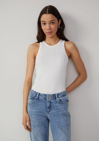 s.Oliver Geripptes Tanktop mit Schmucksteine - weiß