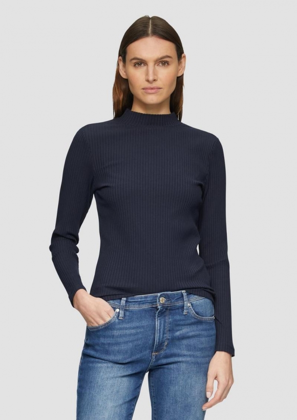 s.Oliver Langarmshirt mit Rippstruktur und Stehkragen - navy