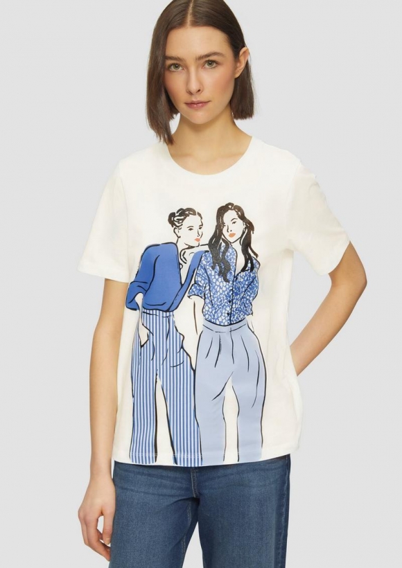 s.Oliver Baumwoll-T-Shirt im Relaxed Fit mit Frontprint - creme