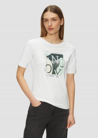 s.Oliver Elastisches T-Shirt mit Frontprint im Slim Fit - ecru
