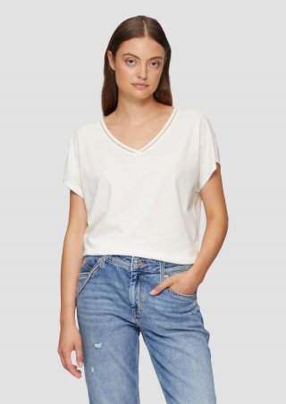 s.Oliver T-Shirt im Relaxed Fit mit Stickerei am V-Ausschnitt - creme
