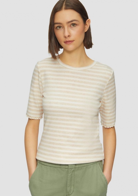 s.Oliver Geripptes T-Shirt mit Ziersaum - beige