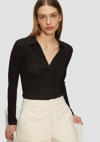 s.Oliver Geripptes Langarmshirt mit Polokragen - schwarz