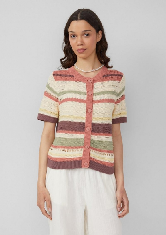 s.Oliver Kurzarm-Cardigan in Häkeloptik - helles sand