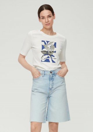 s.Oliver Baumwollshirt mit glänzendem Frontprint - ecru