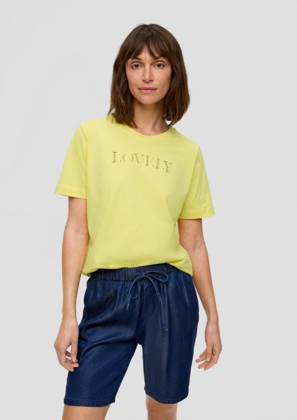 s.Oliver Relaxed Fit-Shirt mit Schriftprint aus Lochstickerei - zitrone
