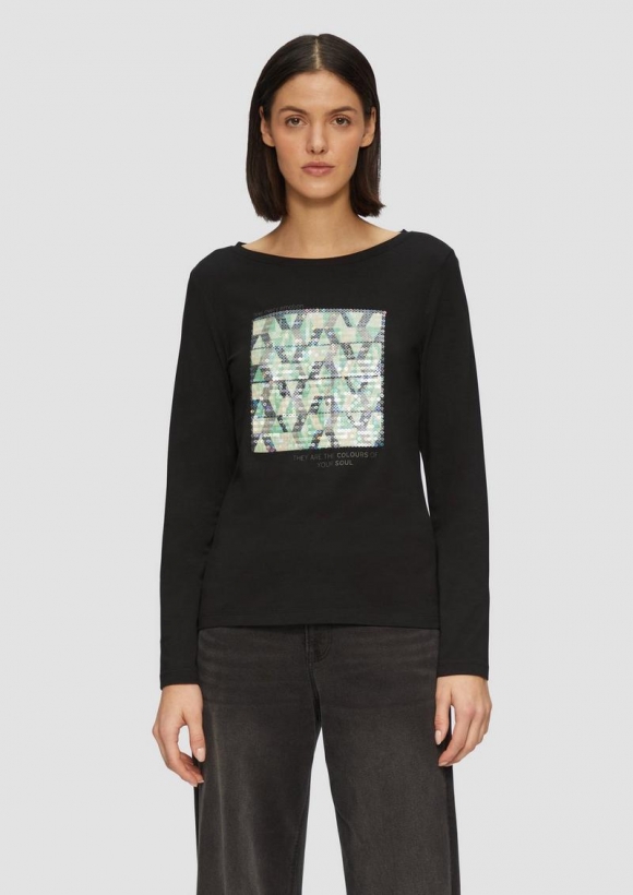 s.Oliver Langarmshirt mit Frontprint und Pailletten - schwarz